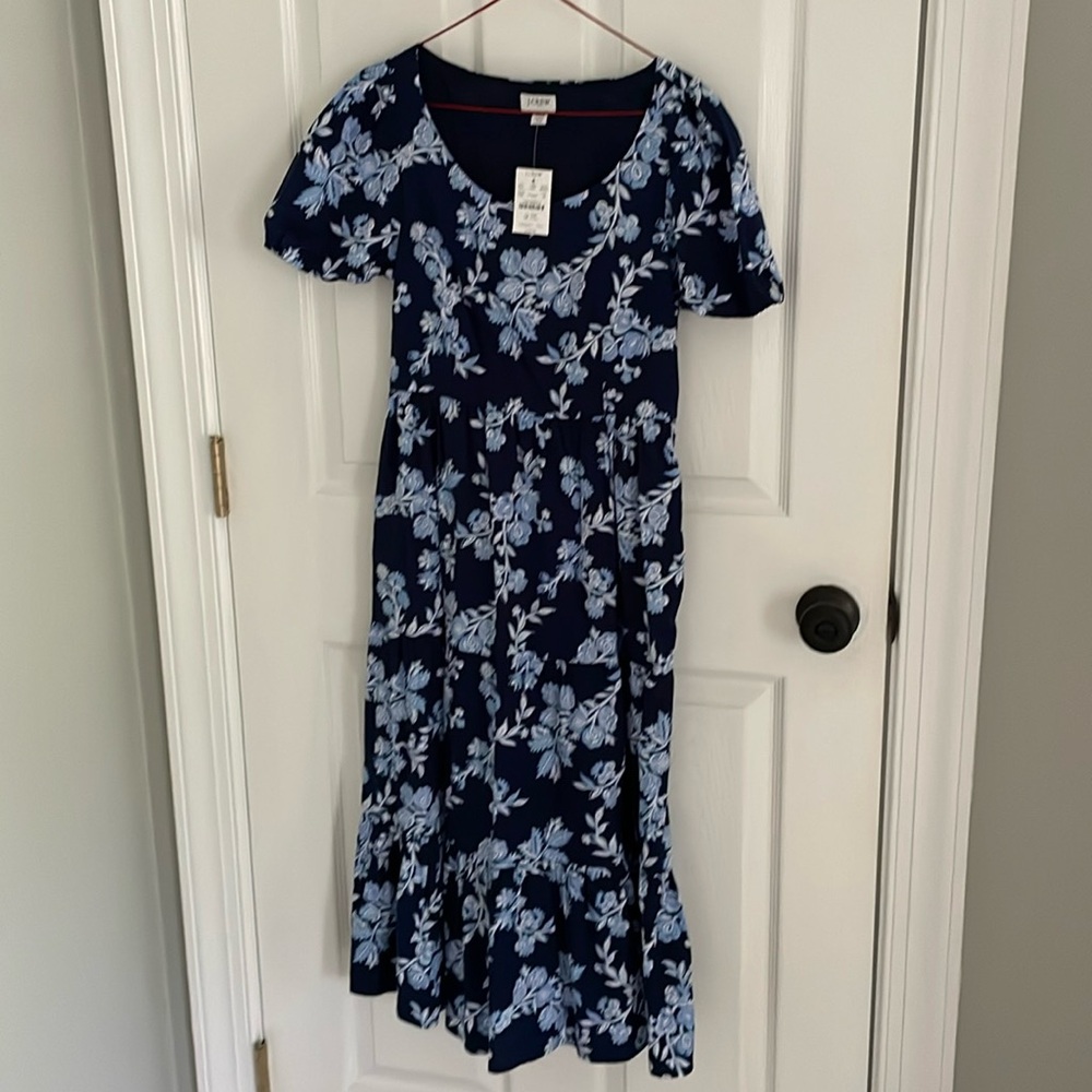 NWT J. Crew Factory Navy Floral Puff Sleeve Midi Dress, 00